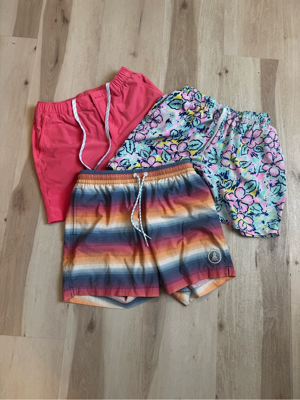 Set of 3 Men's Chubbies Brand Swim Shorts - Coral, Floral Pastel, Striped Sunset